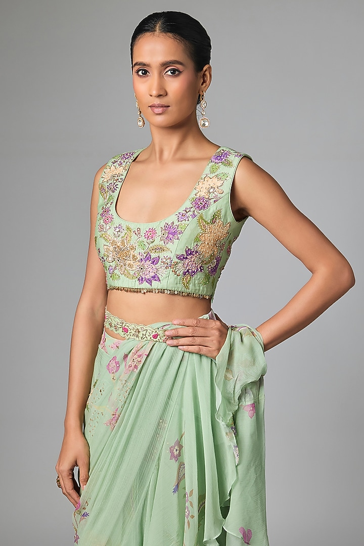 Sea Green Chiffon Pre-Draped Wedding Saree Set by Paulmi & Harsh at Pernia's Pop Up Shop