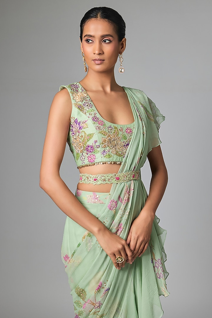 Sea Green Chiffon Pre-Draped Wedding Saree Set by Paulmi & Harsh at Pernia's Pop Up Shop
