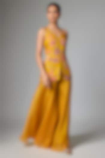 Mustard Yellow Organza Embellished Party Wear Sharara Set by Paulmi & Harsh at Pernia's Pop Up Shop