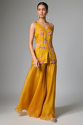 Mustard Yellow Organza Embellished Sharara Set by Paulmi & Harsh