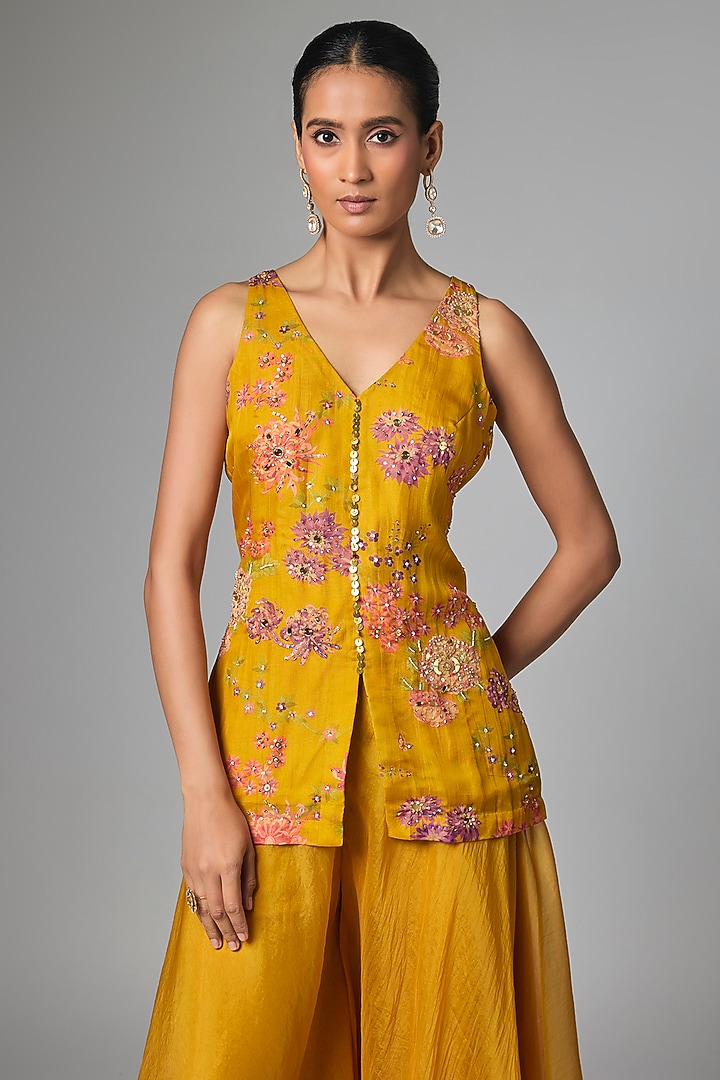 Mustard Yellow Organza Embellished Party Wear Sharara Set by Paulmi & Harsh at Pernia's Pop Up Shop
