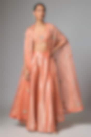 Coral Peach Pure Organza Embellished Cape Set by Paulmi & Harsh at Pernia's Pop Up Shop