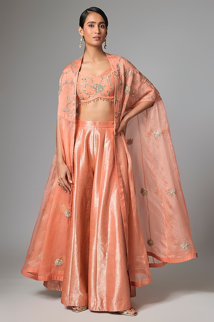 Coral Peach Pure Organza Embellished Cape Set by Paulmi & Harsh at Pernia's Pop Up Shop