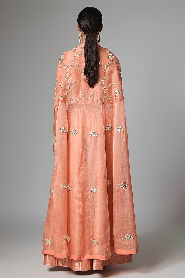 Coral Peach Pure Organza Embellished Cape Set by Paulmi & Harsh at Pernia's Pop Up Shop