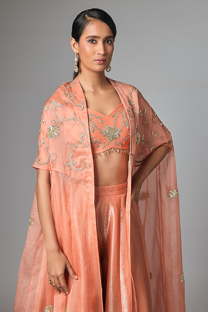 Coral Peach Pure Organza Embellished Cape Set by Paulmi & Harsh at Pernia's Pop Up Shop