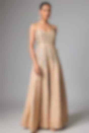 Beige Jacquard Hand Embroidered Jumpsuit by Paulmi & Harsh at Pernia's Pop Up Shop