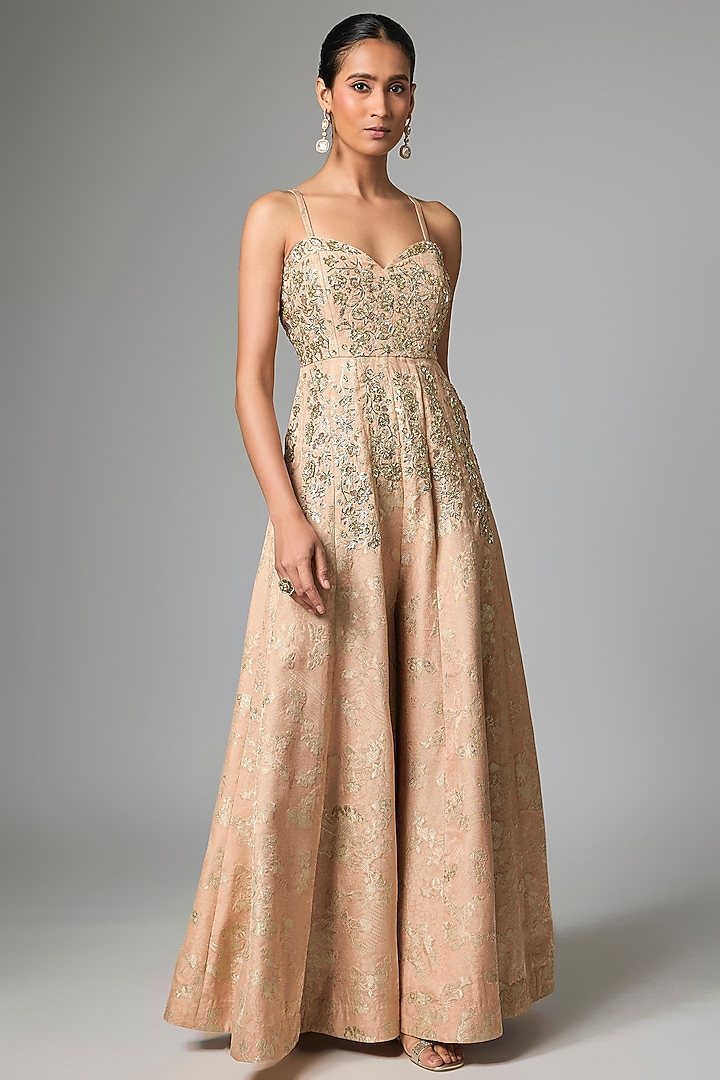 Beige Jacquard Hand Embroidered Jumpsuit by Paulmi & Harsh at Pernia's Pop Up Shop