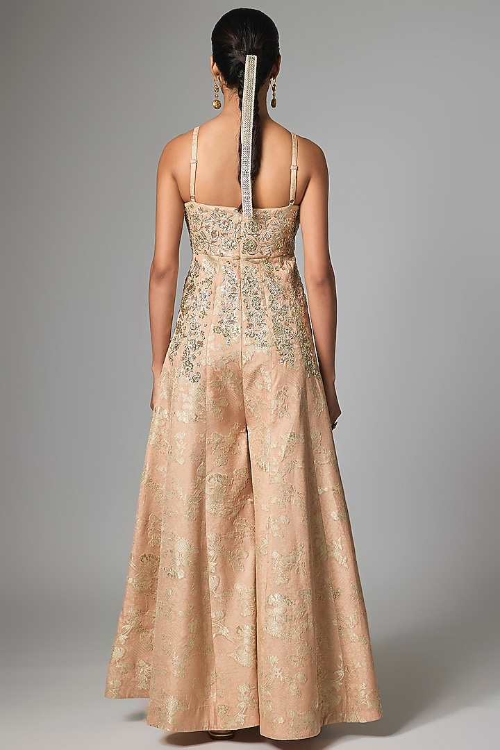 Beige Jacquard Hand Embroidered Jumpsuit by Paulmi & Harsh at Pernia's Pop Up Shop