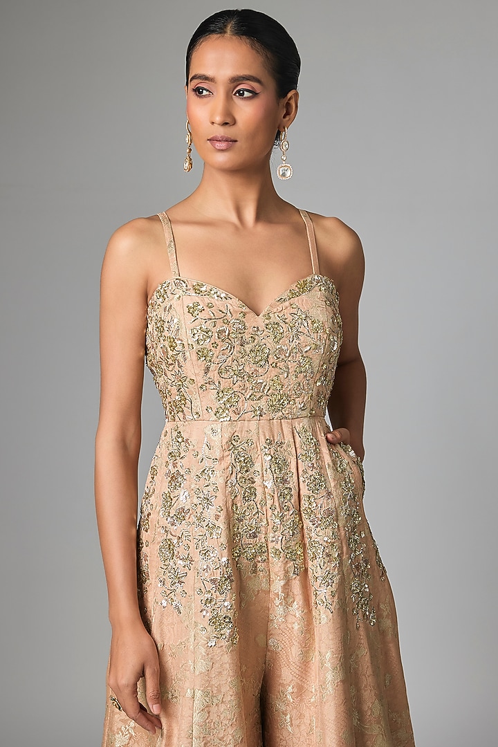 Beige Jacquard Hand Embroidered Jumpsuit by Paulmi & Harsh at Pernia's Pop Up Shop