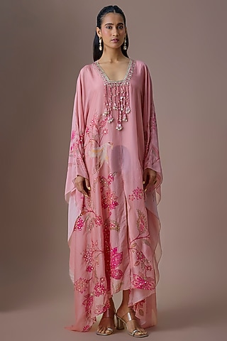 Pink Crepe Chiffon Floral Printed & Embroidered Kaftan by Paulmi & Harsh