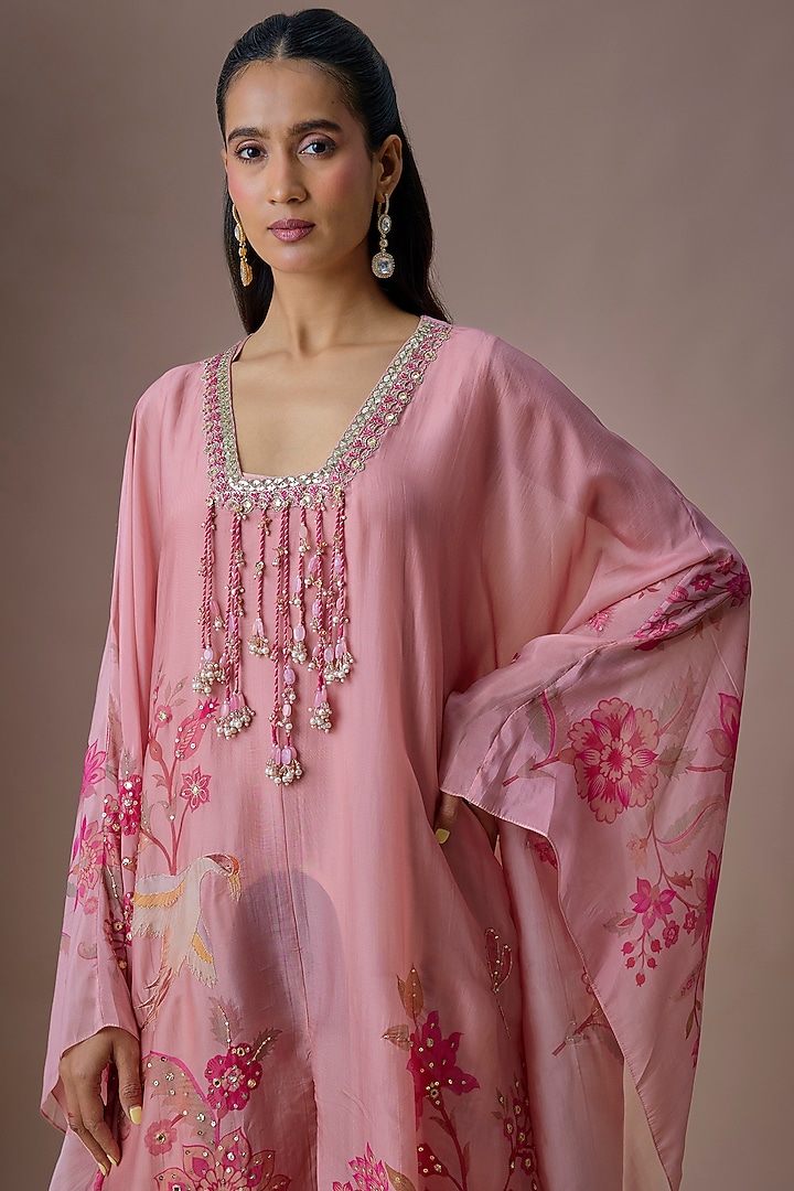 Pink Crepe Chiffon Floral Printed & Embroidered Kaftan by Paulmi & Harsh at Pernia's Pop Up Shop