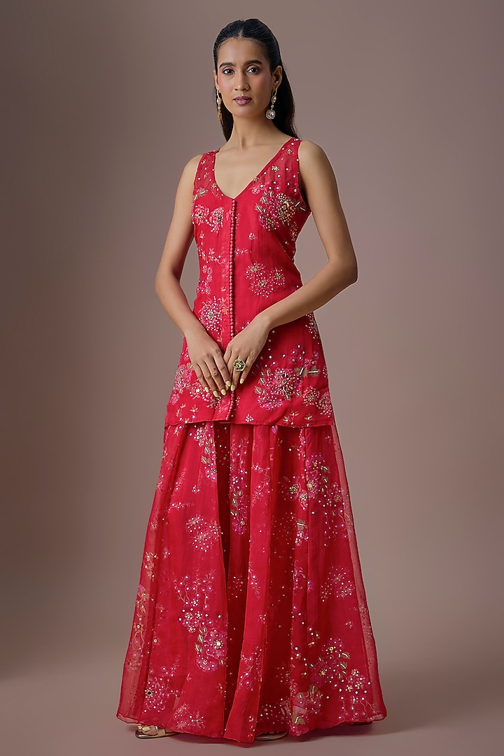 Red Organza Embroidered Kurta Set by Paulmi & Harsh at Pernia's Pop Up Shop
