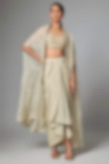 Mint Green Silk Organza Embellished Cape Set by Paulmi & Harsh at Pernia's Pop Up Shop