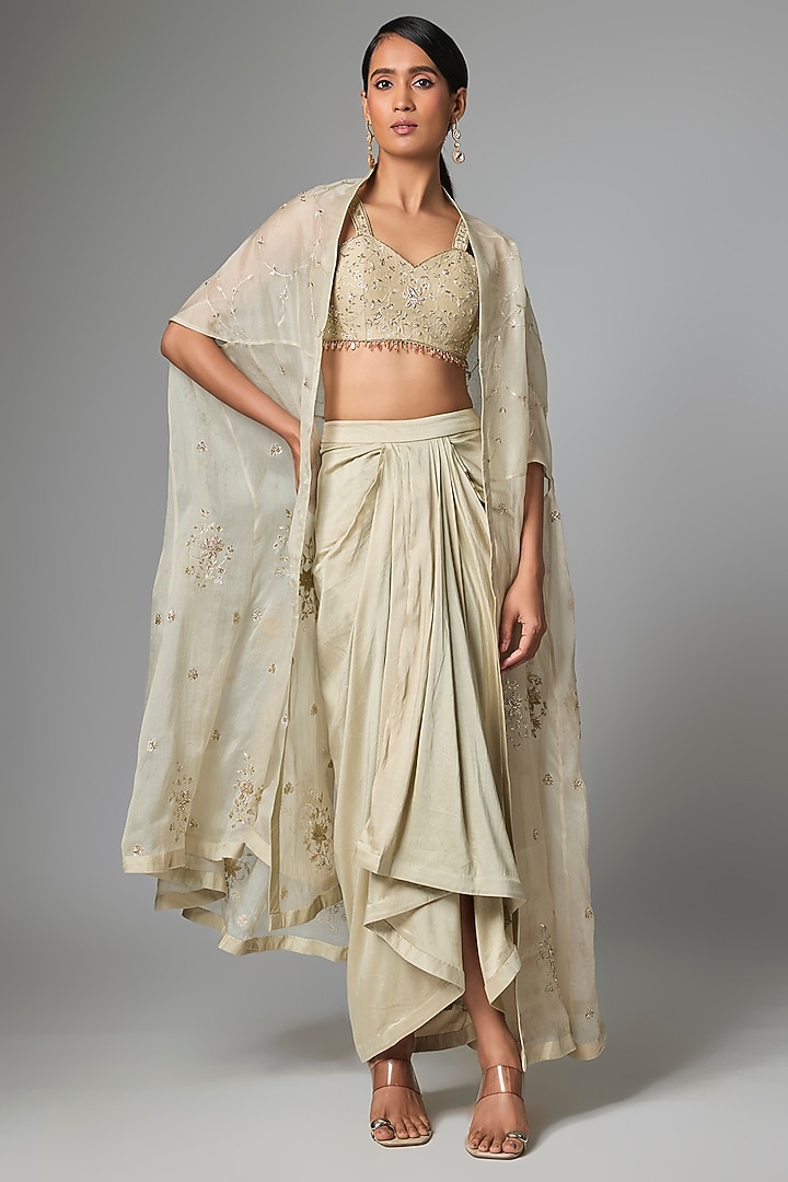 Mint Green Silk Organza Embellished Cape Set by Paulmi & Harsh at Pernia's Pop Up Shop