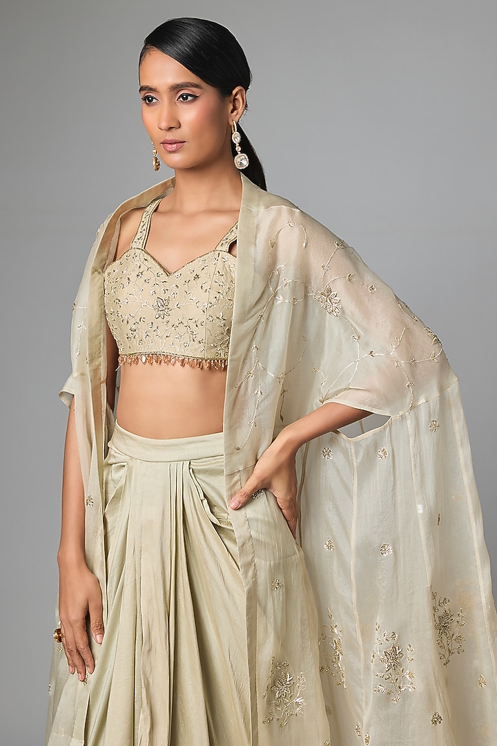 Mint Green Silk Organza Embellished Cape Set by Paulmi & Harsh at Pernia's Pop Up Shop
