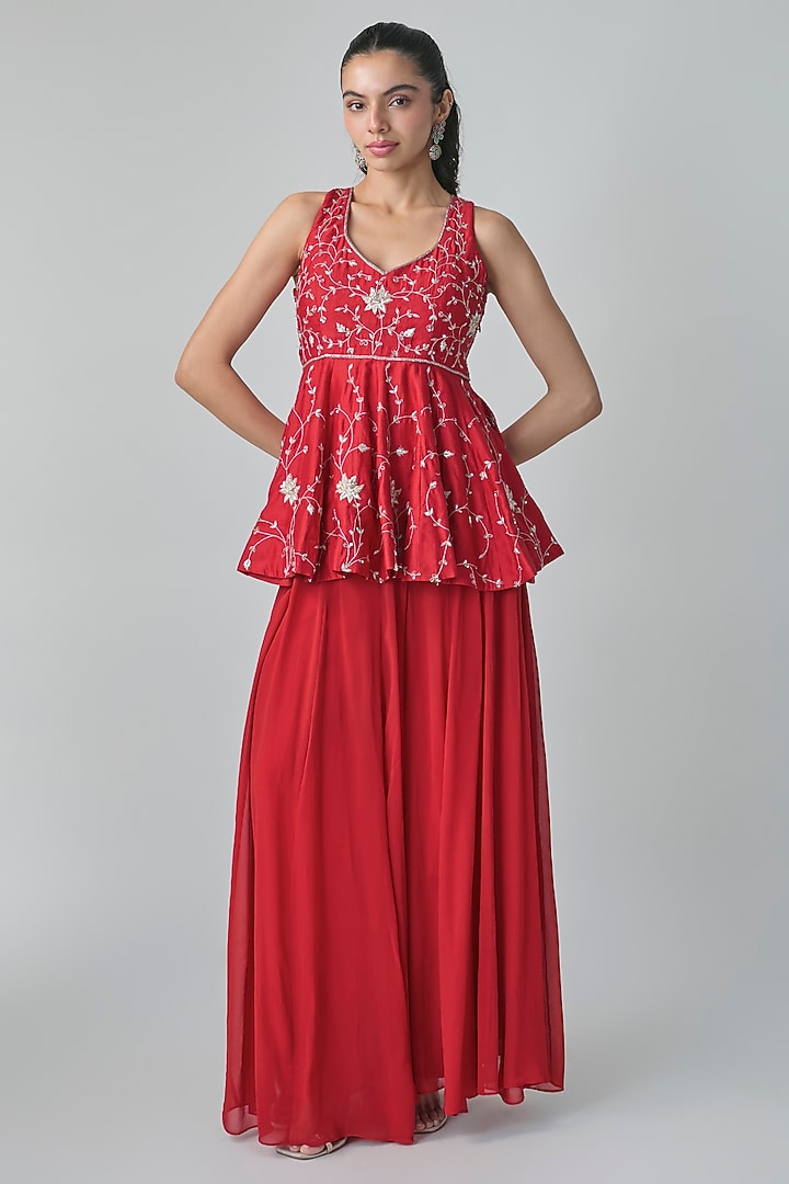 Red Georgette Hand Embroidered Flared Palazzo Set by Paulmi & Harsh at Pernia's Pop Up Shop