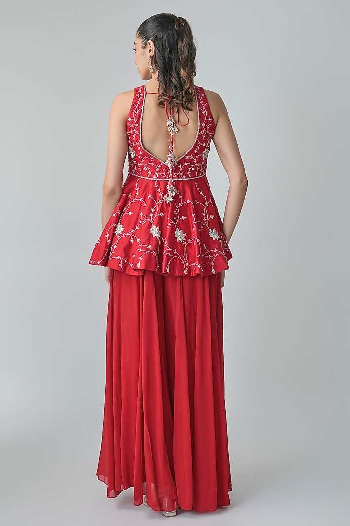 Red Georgette Hand Embroidered Flared Palazzo Set by Paulmi & Harsh at Pernia's Pop Up Shop