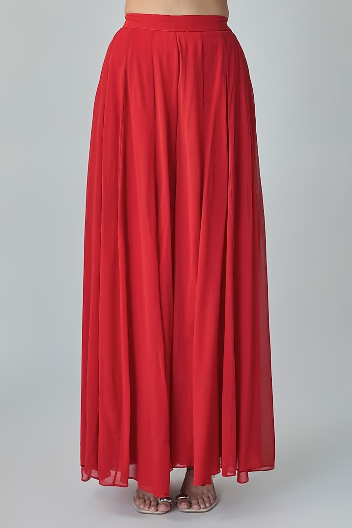Red Georgette Hand Embroidered Flared Palazzo Set by Paulmi & Harsh at Pernia's Pop Up Shop