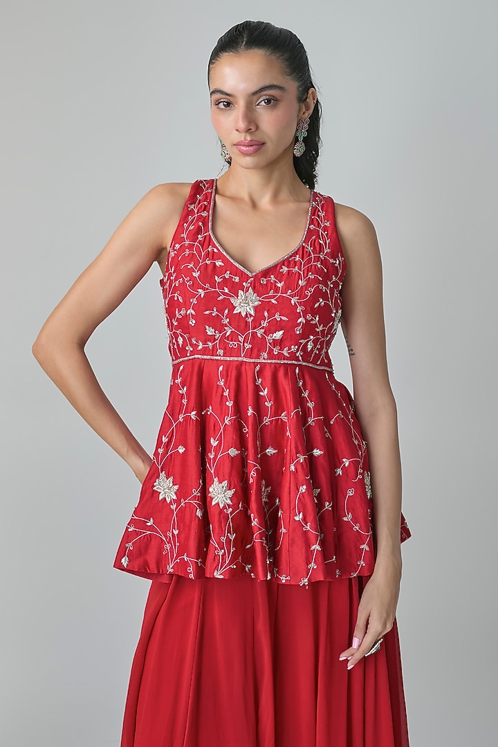 Red Georgette Hand Embroidered Flared Palazzo Set by Paulmi & Harsh at Pernia's Pop Up Shop