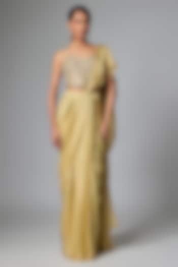 Mint Green Satin Pre-Draped Wedding Saree Set by Paulmi & Harsh at Pernia's Pop Up Shop