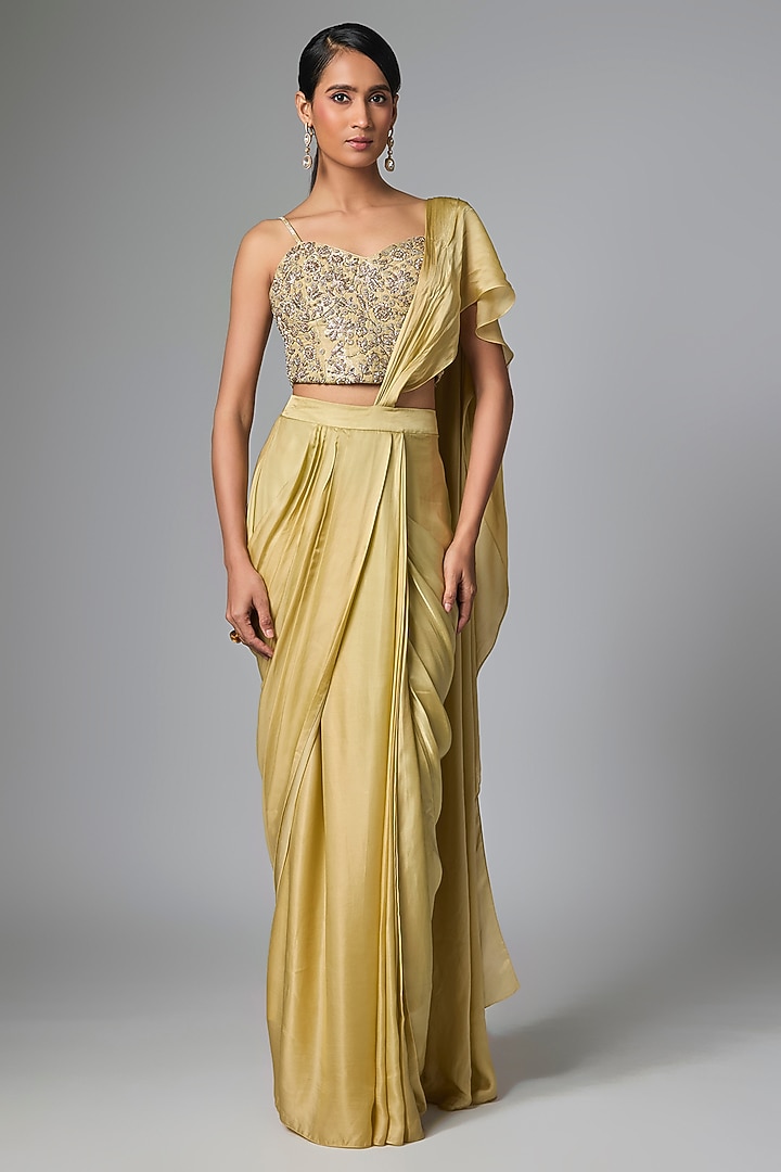 Mint Green Satin Pre-Draped Wedding Saree Set by Paulmi & Harsh at Pernia's Pop Up Shop