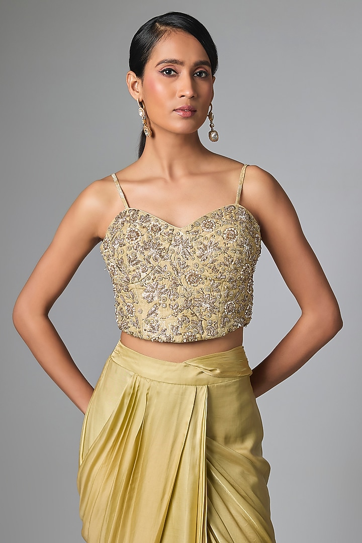 Mint Green Satin Pre-Draped Wedding Saree Set by Paulmi & Harsh at Pernia's Pop Up Shop