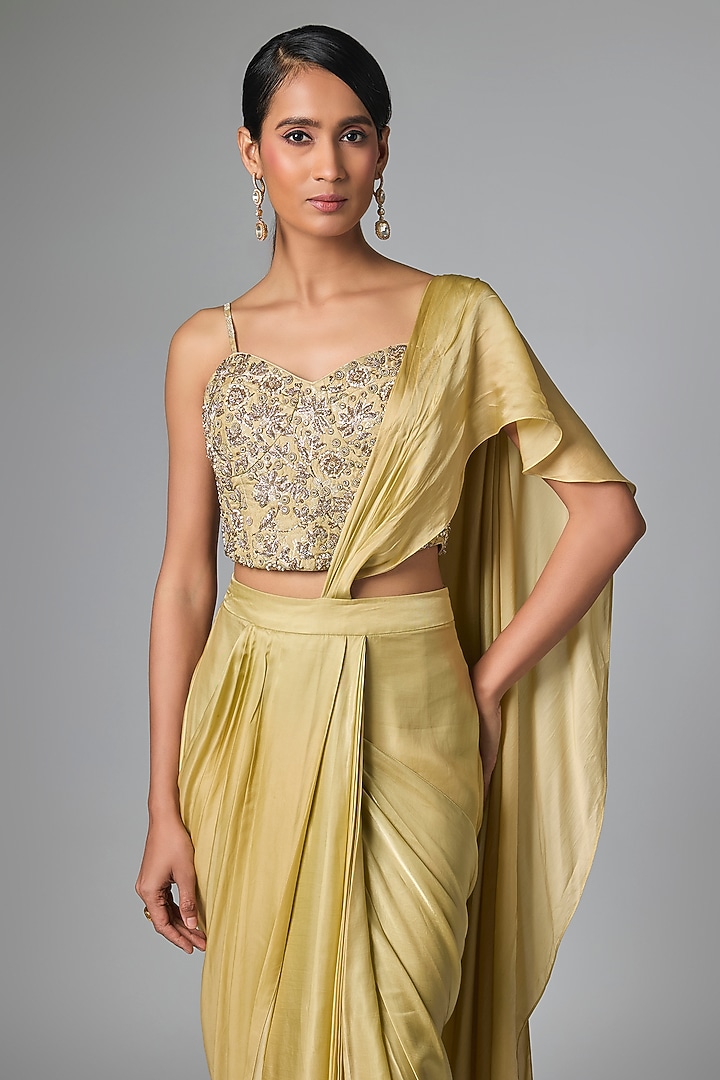 Mint Green Satin Pre-Draped Wedding Saree Set by Paulmi & Harsh at Pernia's Pop Up Shop