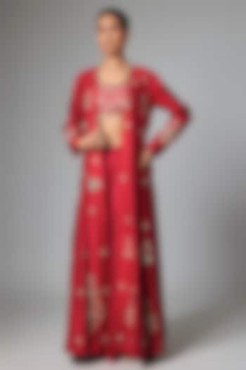 Hot Red Modal Silk Embroidered Jacket Set by Paulmi & Harsh at Pernia's Pop Up Shop