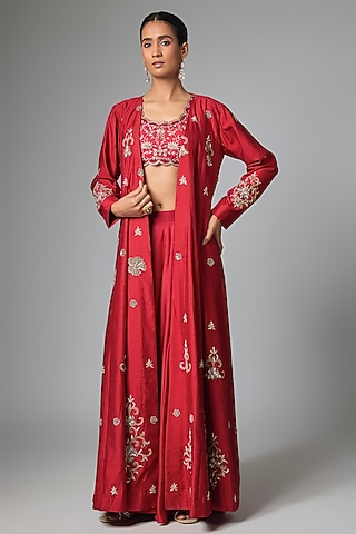 Hot Red Modal Silk Embroidered Jacket Set by Paulmi & Harsh