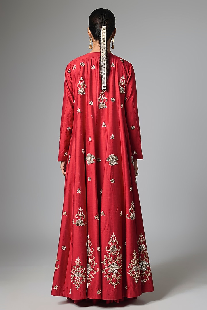 Hot Red Modal Silk Embroidered Jacket Set by Paulmi & Harsh at Pernia's Pop Up Shop