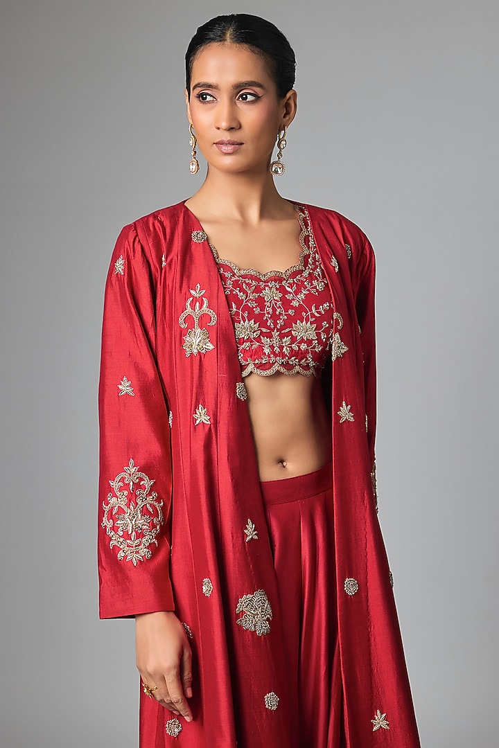 Hot Red Modal Silk Embroidered Jacket Set by Paulmi & Harsh at Pernia's Pop Up Shop