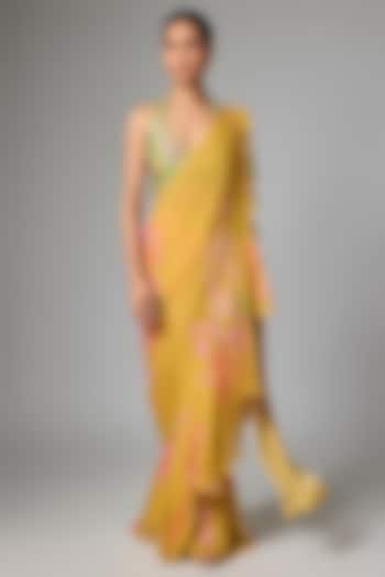 Yellow Chiffon Floral Printed Ruffled Wedding Saree Set by Paulmi & Harsh at Pernia's Pop Up Shop