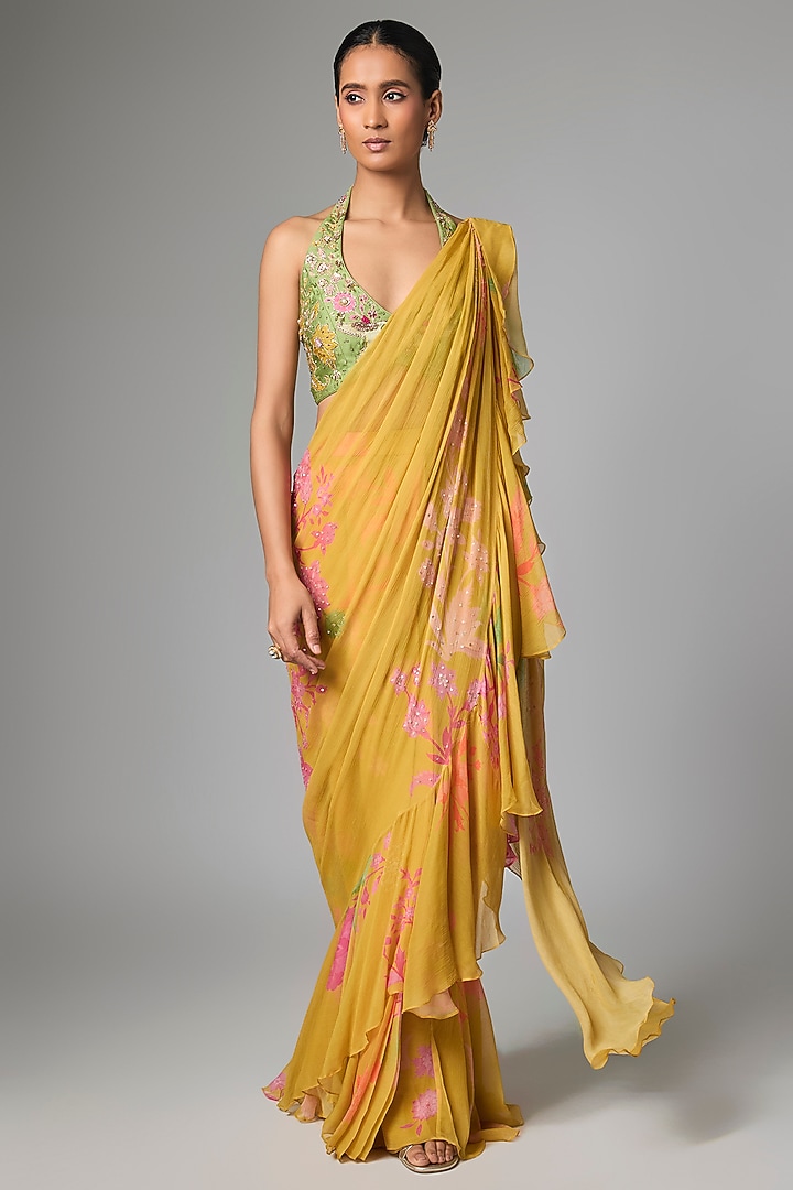 Yellow Chiffon Floral Printed Ruffled Wedding Saree Set by Paulmi & Harsh at Pernia's Pop Up Shop