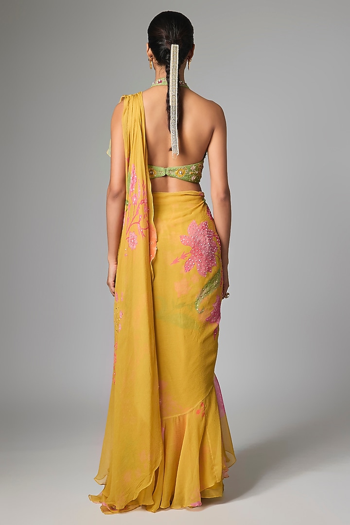 Yellow Chiffon Floral Printed Ruffled Wedding Saree Set by Paulmi & Harsh at Pernia's Pop Up Shop