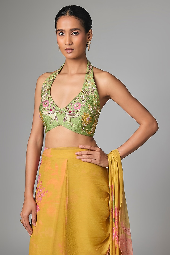 Yellow Chiffon Floral Printed Ruffled Wedding Saree Set by Paulmi & Harsh at Pernia's Pop Up Shop