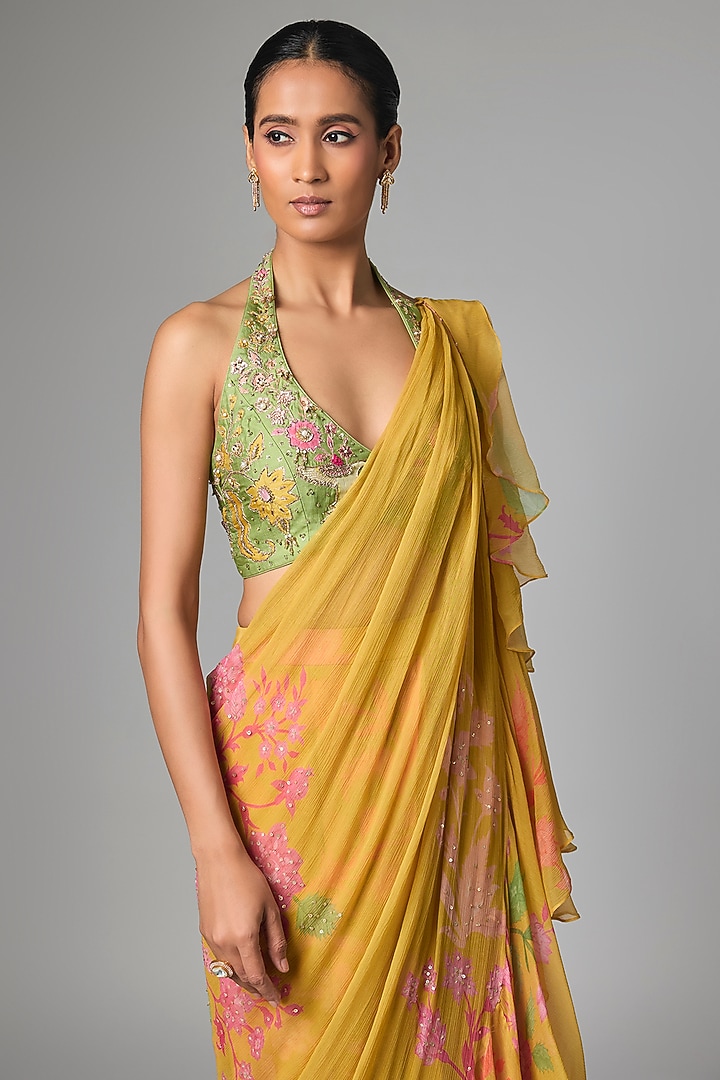 Yellow Chiffon Floral Printed Ruffled Wedding Saree Set by Paulmi & Harsh at Pernia's Pop Up Shop