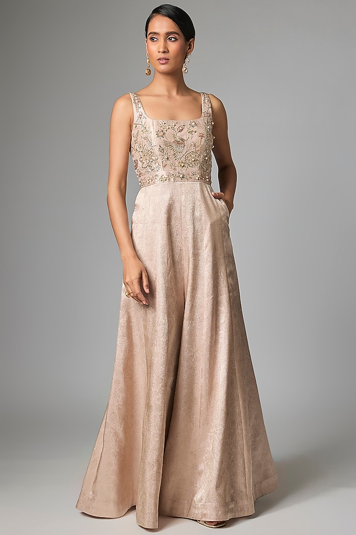 Baby Pink Jacquard Hand Embroidered Jumpsuit by Paulmi & Harsh at Pernia's Pop Up Shop
