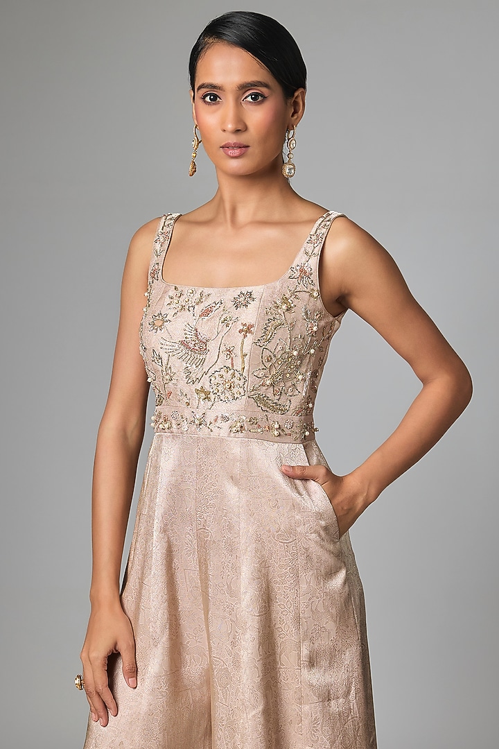 Baby Pink Jacquard Hand Embroidered Jumpsuit by Paulmi & Harsh at Pernia's Pop Up Shop