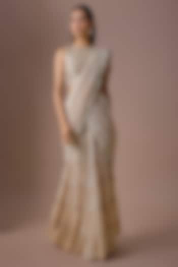Ivory Georgette Pre-Draped Wedding Saree Set by Paulmi & Harsh at Pernia's Pop Up Shop