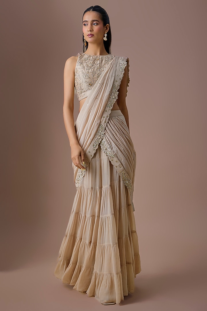 Ivory Georgette Pre-Draped Wedding Saree Set by Paulmi & Harsh at Pernia's Pop Up Shop