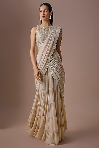 Ivory Georgette Pre-Draped Saree Set by paulmi & harsh