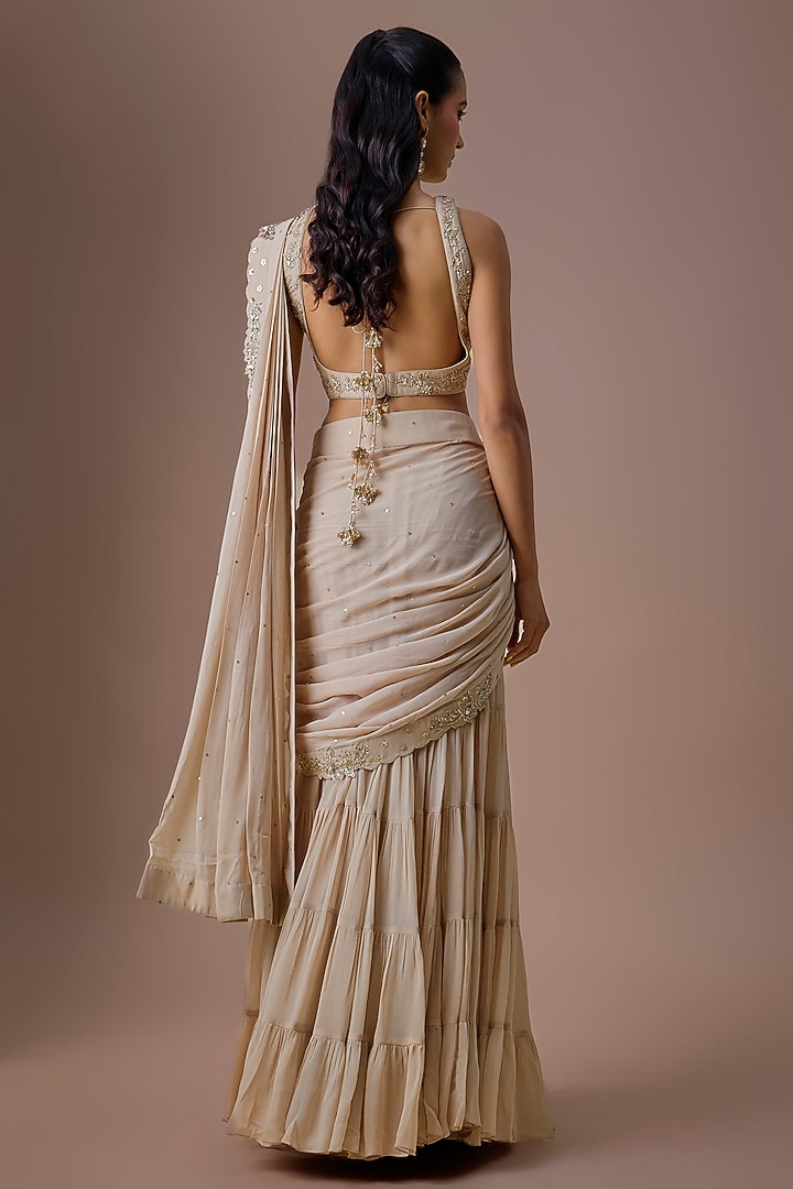 Ivory Georgette Pre-Draped Wedding Saree Set by Paulmi & Harsh at Pernia's Pop Up Shop