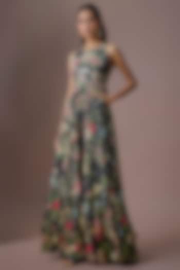 Black Jamawar Silk Printed & Embroidered Jumpsuit by Paulmi & Harsh at Pernia's Pop Up Shop
