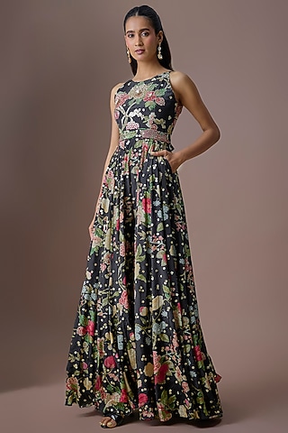Black Jamawar Silk Printed & Embroidered Jumpsuit by Paulmi & Harsh