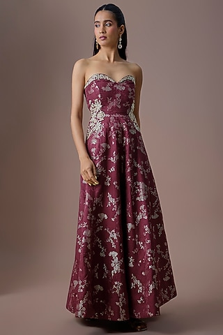 Purple Self-Woven Russian Jacquard Hand Embroidered Jumpsuit by Paulmi & Harsh