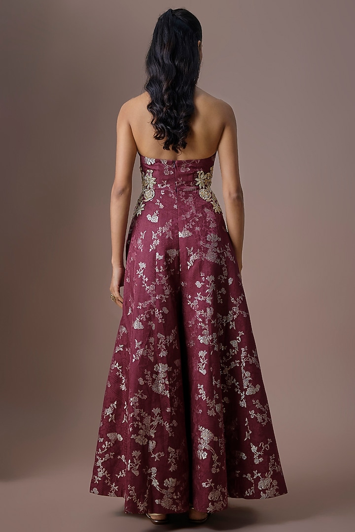 Purple Self-Woven Russian Jacquard Hand Embroidered Jumpsuit by Paulmi & Harsh at Pernia's Pop Up Shop