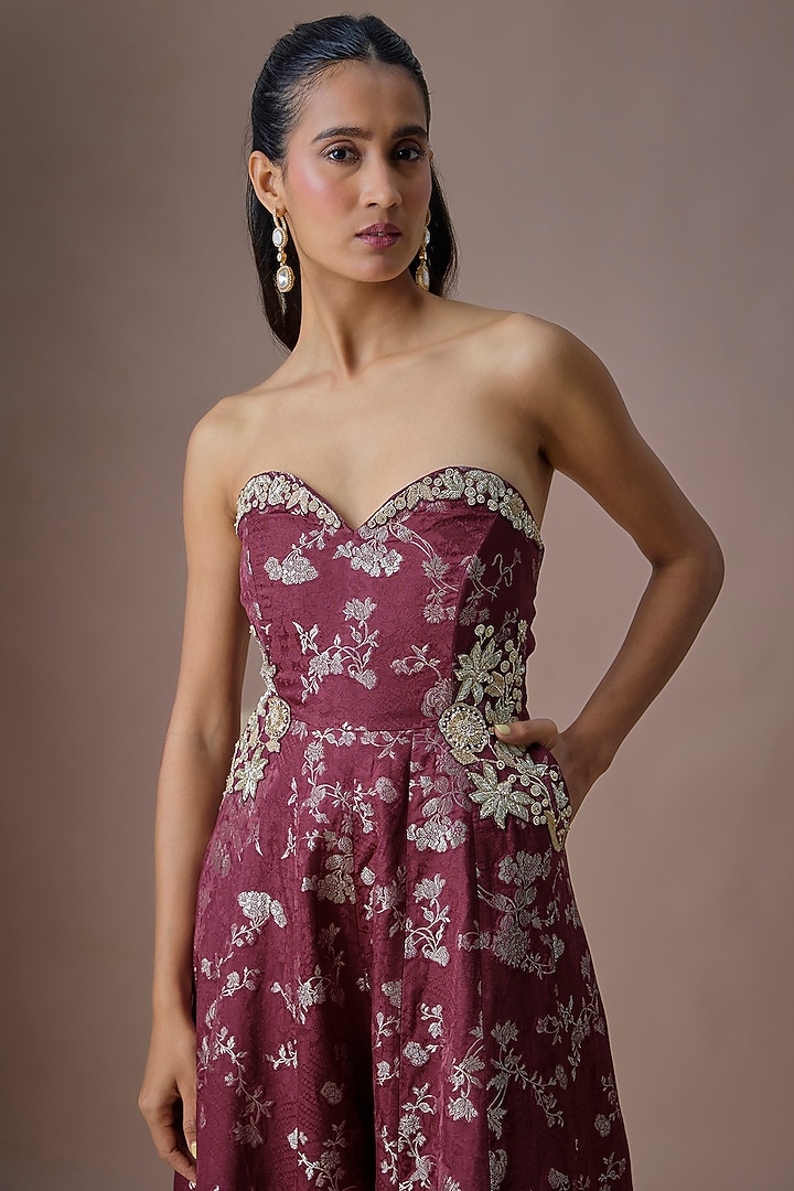 Purple Self-Woven Russian Jacquard Hand Embroidered Jumpsuit by Paulmi & Harsh at Pernia's Pop Up Shop