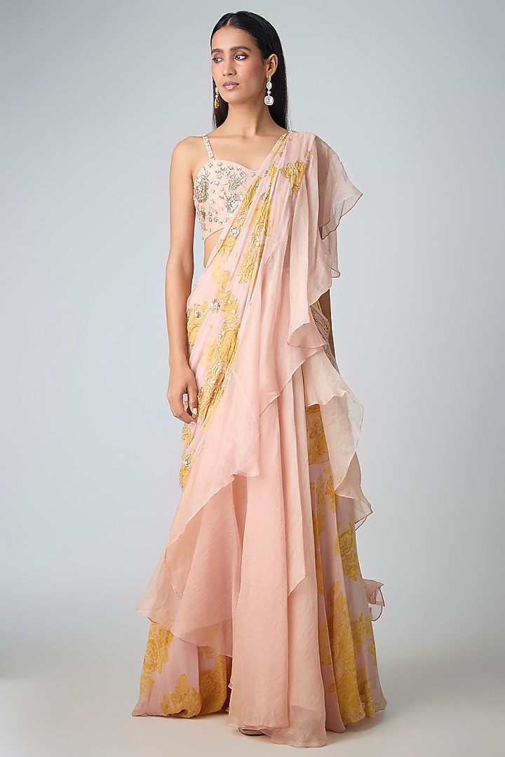 Pink & Yellow Georgette Hand Embroidered Pre-Draped Wedding Saree Set by Paulmi & Harsh at Pernia's Pop Up Shop