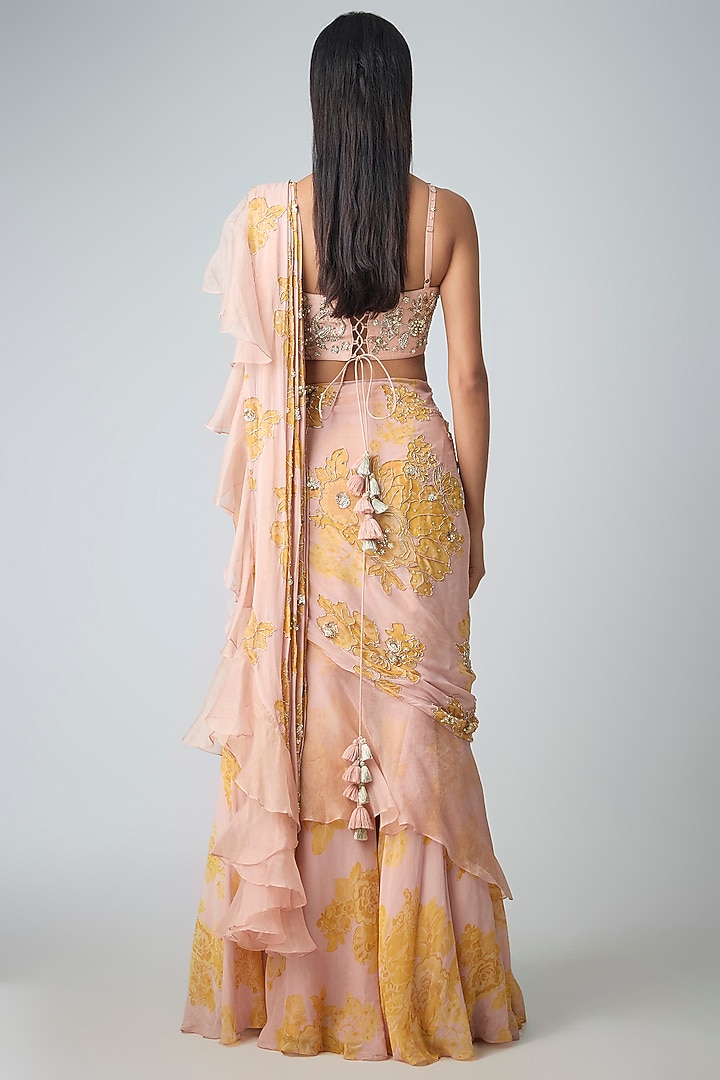 Pink & Yellow Georgette Hand Embroidered Pre-Draped Wedding Saree Set by Paulmi & Harsh at Pernia's Pop Up Shop