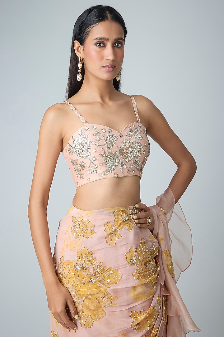 Pink & Yellow Georgette Hand Embroidered Pre-Draped Wedding Saree Set by Paulmi & Harsh at Pernia's Pop Up Shop